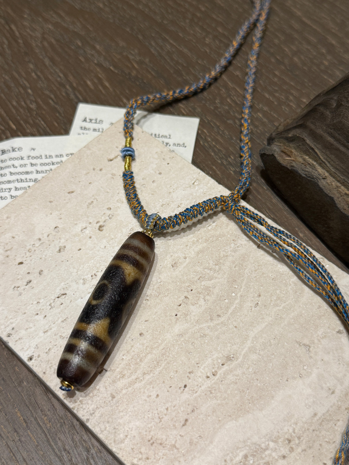 Dzi Bead Pendant Necklace with Braided Blue - Gold Cord