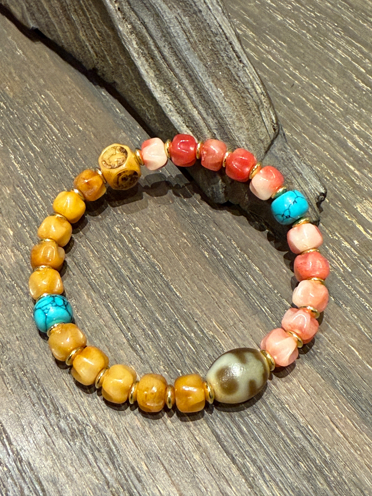 Tibetan - Style Agate and Ox Bone Bracelet
