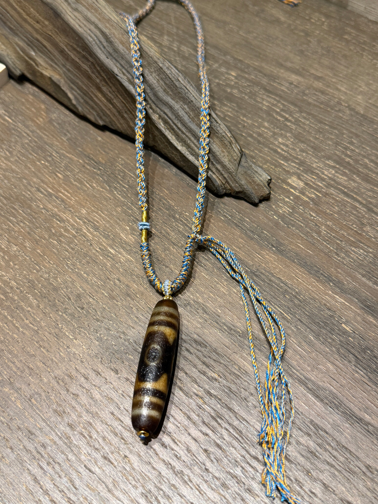 Dzi Bead Pendant Necklace with Braided Blue - Gold Cord