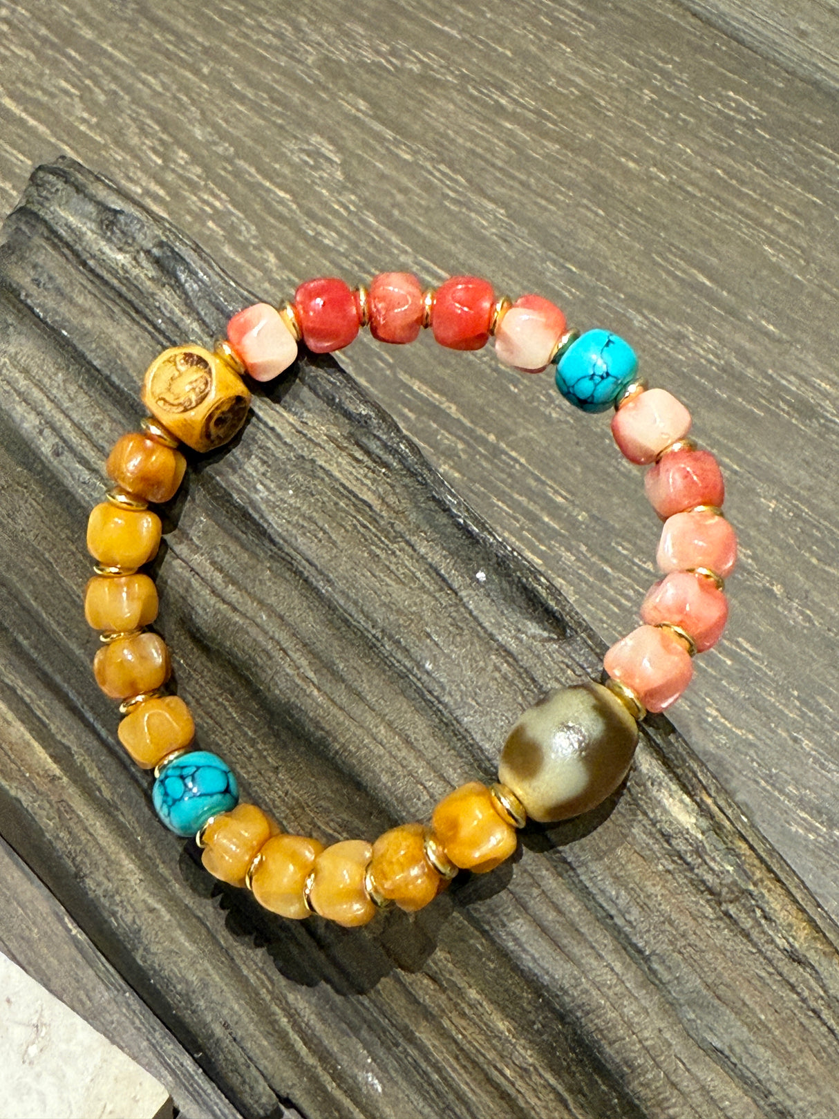 Tibetan - Style Agate and Ox Bone Bracelet