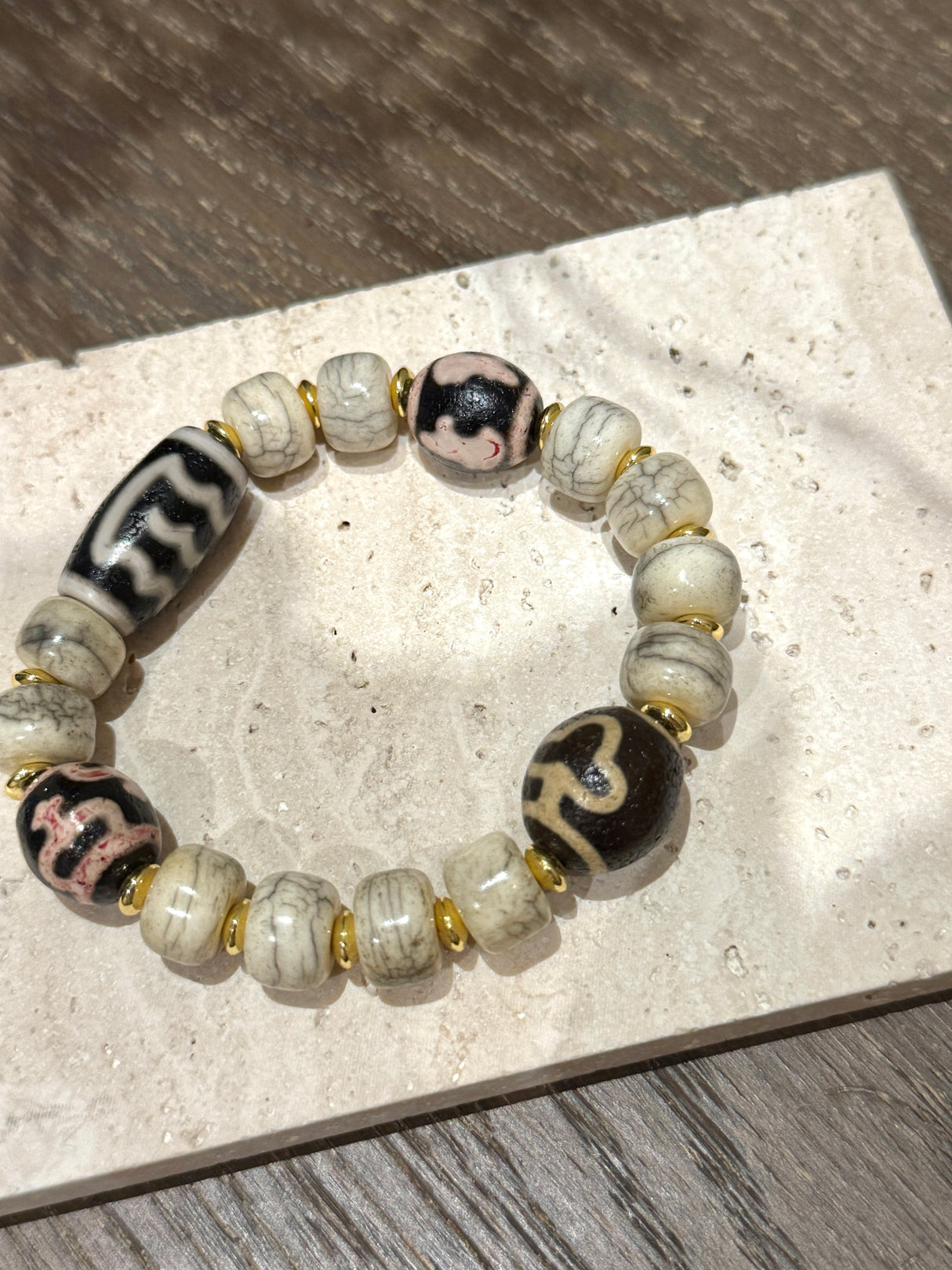 Ancient Yak Bone with Heavenly Patterns · Tibetan - Charm Bracelet with Golden Accents