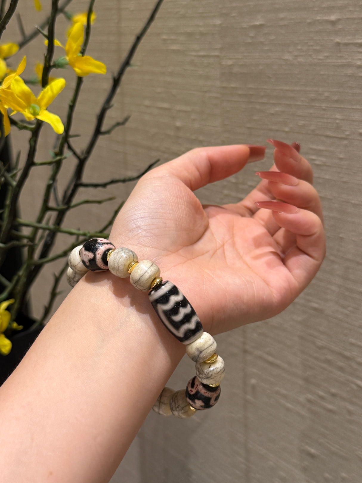Ancient Yak Bone with Heavenly Patterns · Tibetan - Charm Bracelet with Golden Accents