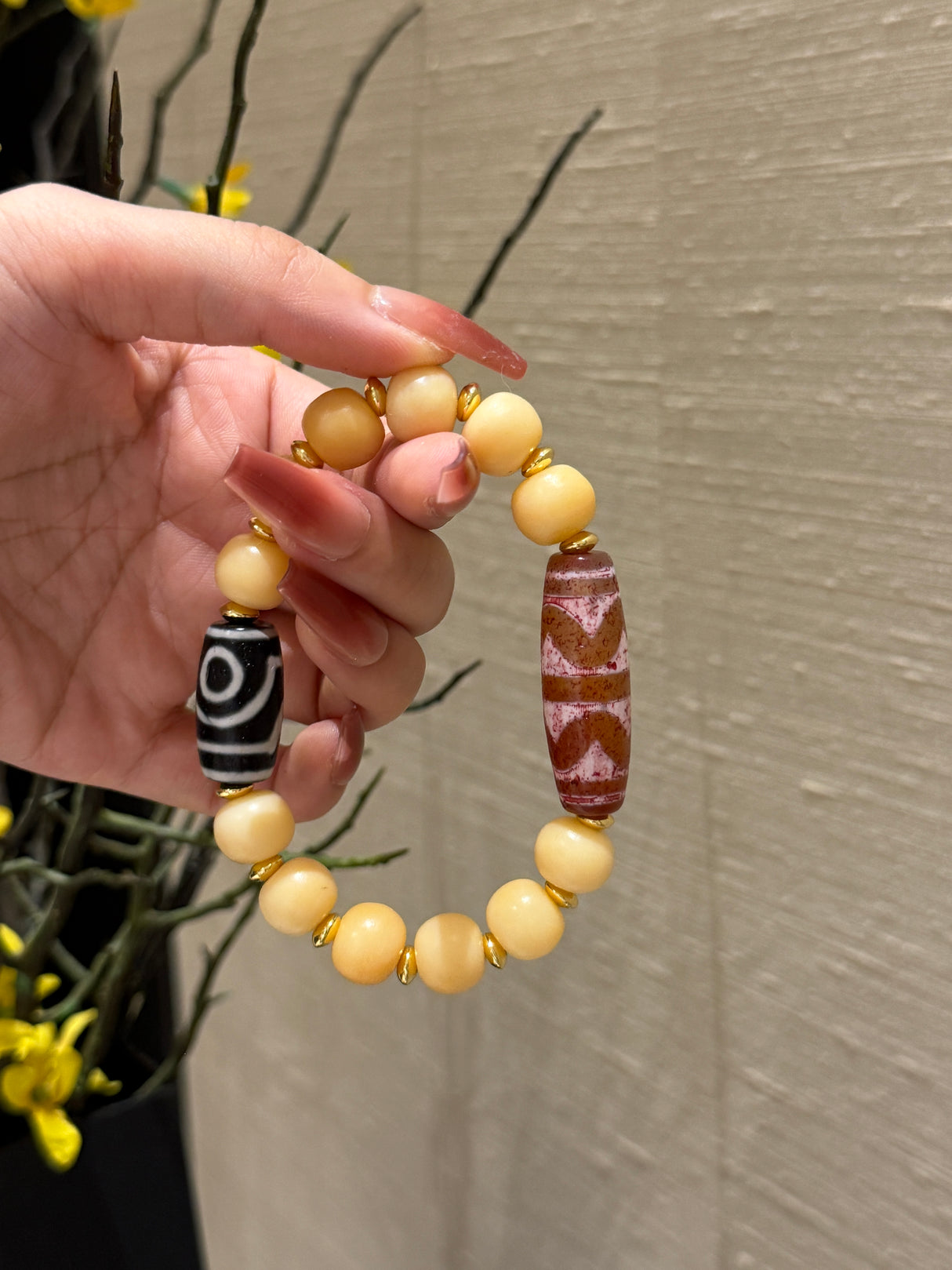 Tibetan - Styled Agate and Yak Bone Bracelet