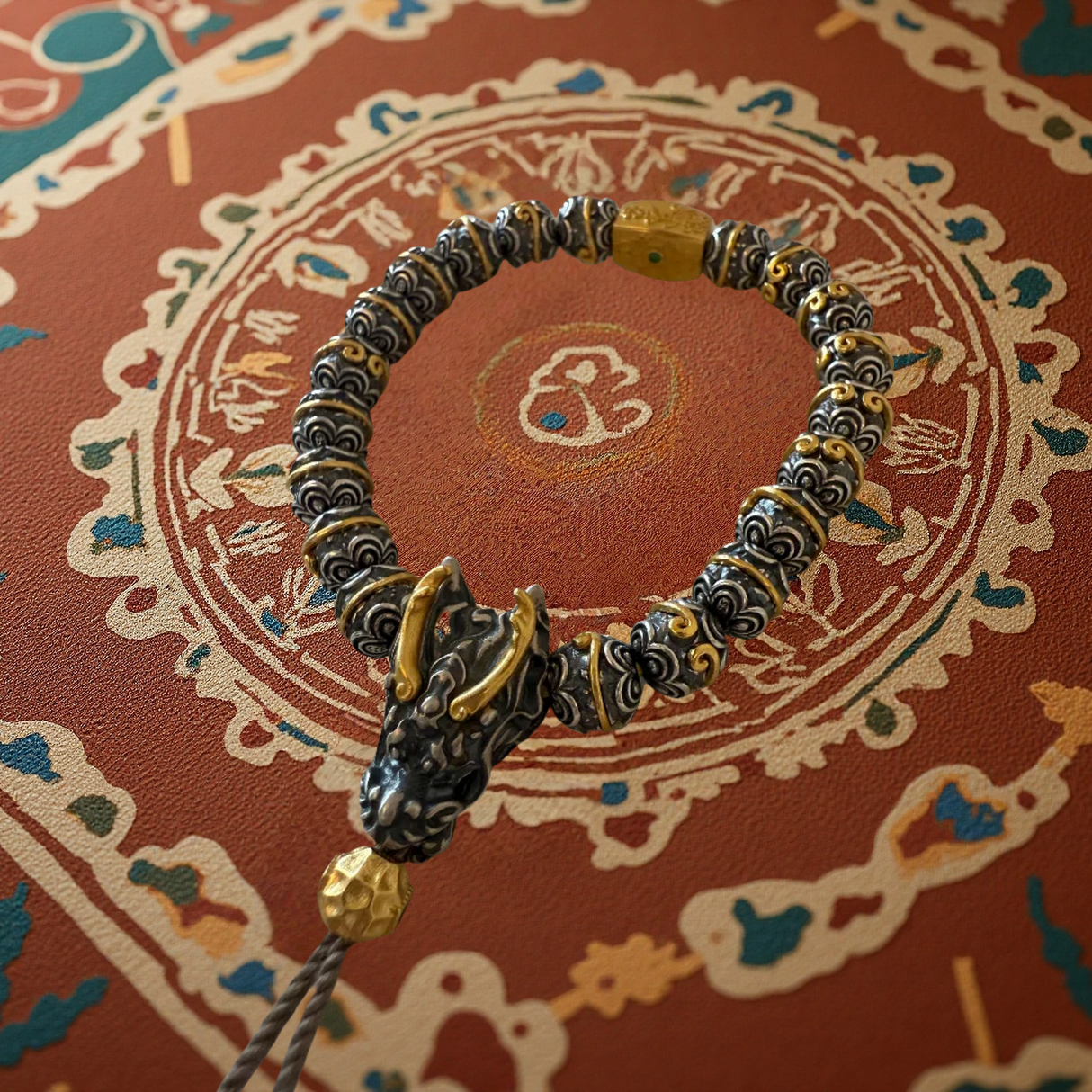 Dragon Head Silver Bracelet – Mystical Vajra Knot with Enchanted Sutra Lock