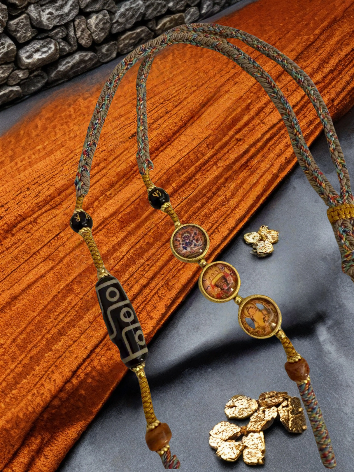 Tibetan Dzi Bead Necklace with Interchangeable Pendants, Natural Agate Chalcedony from Qinghai - Tibet Plateau, Hand - painted Totems, Tibetan - style Good Luck Amulet