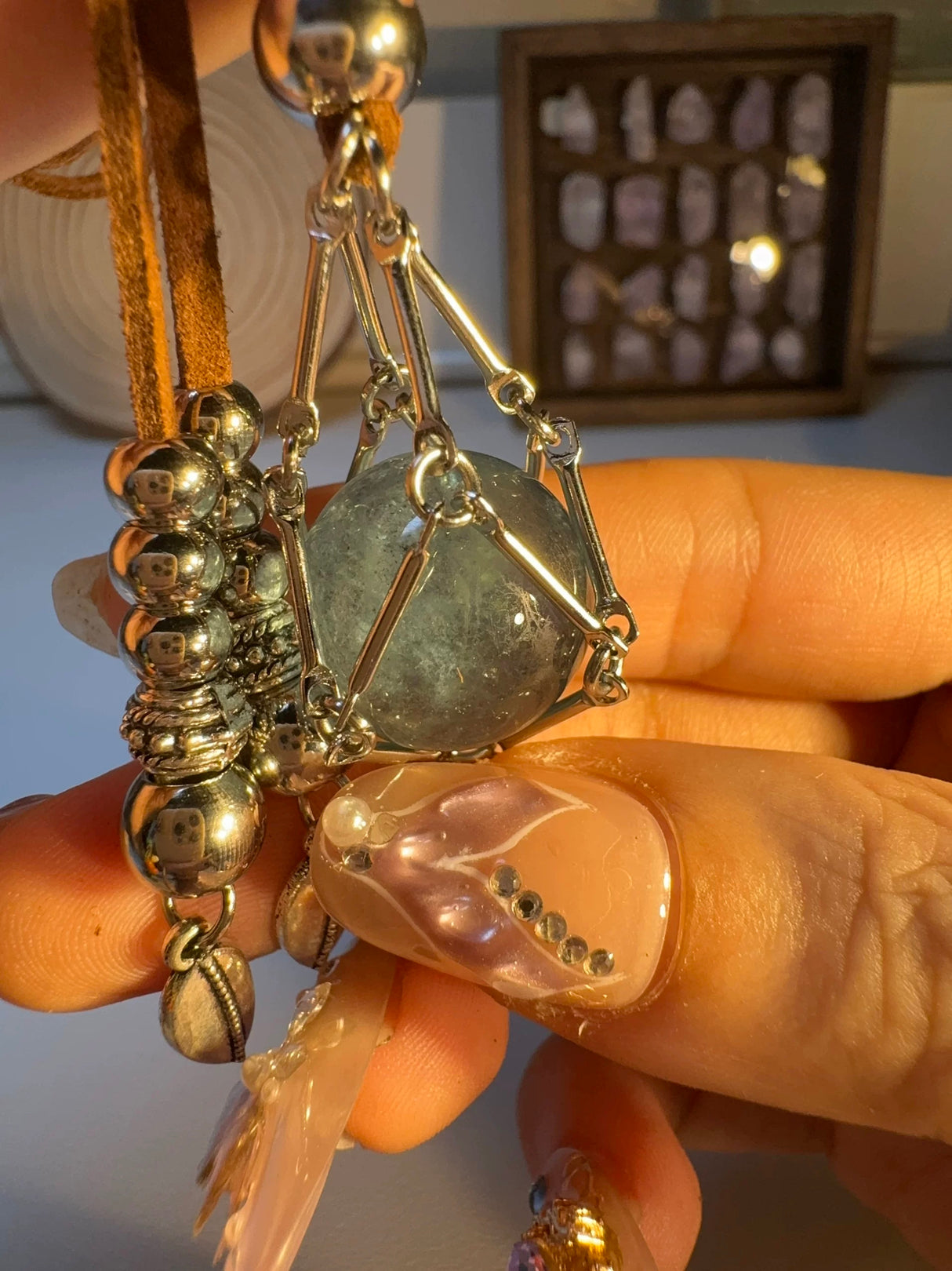 Mystic Sphere Pendant – Handcrafted Crystal Orb Necklace with Leather & Silver Beads