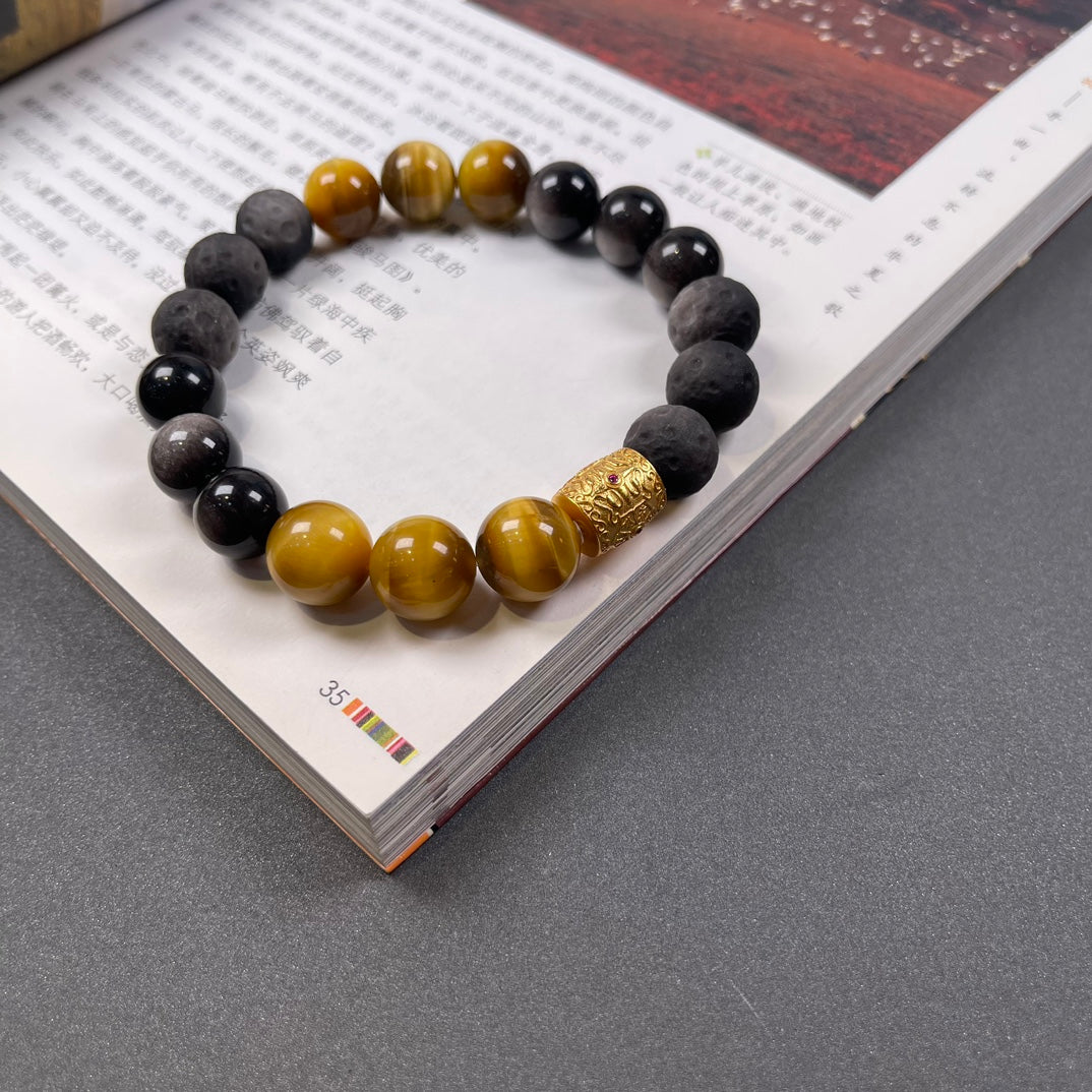 Strength& Wealth &Protection– Tiger’s Eye, Silver Obsidian, The Six-Syllable Mantra Bracelet