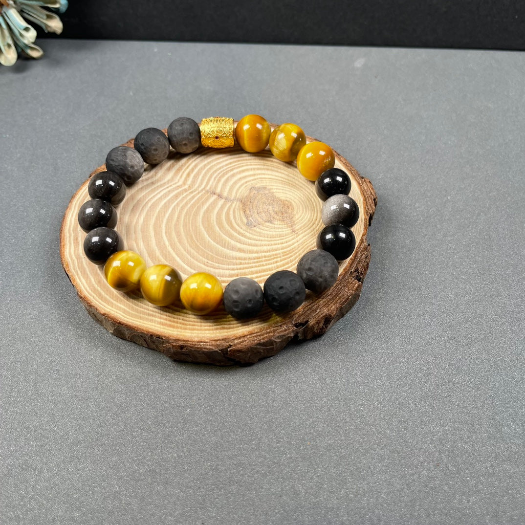 Strength& Wealth &Protection– Tiger’s Eye, Silver Obsidian, The Six-Syllable Mantra Bracelet