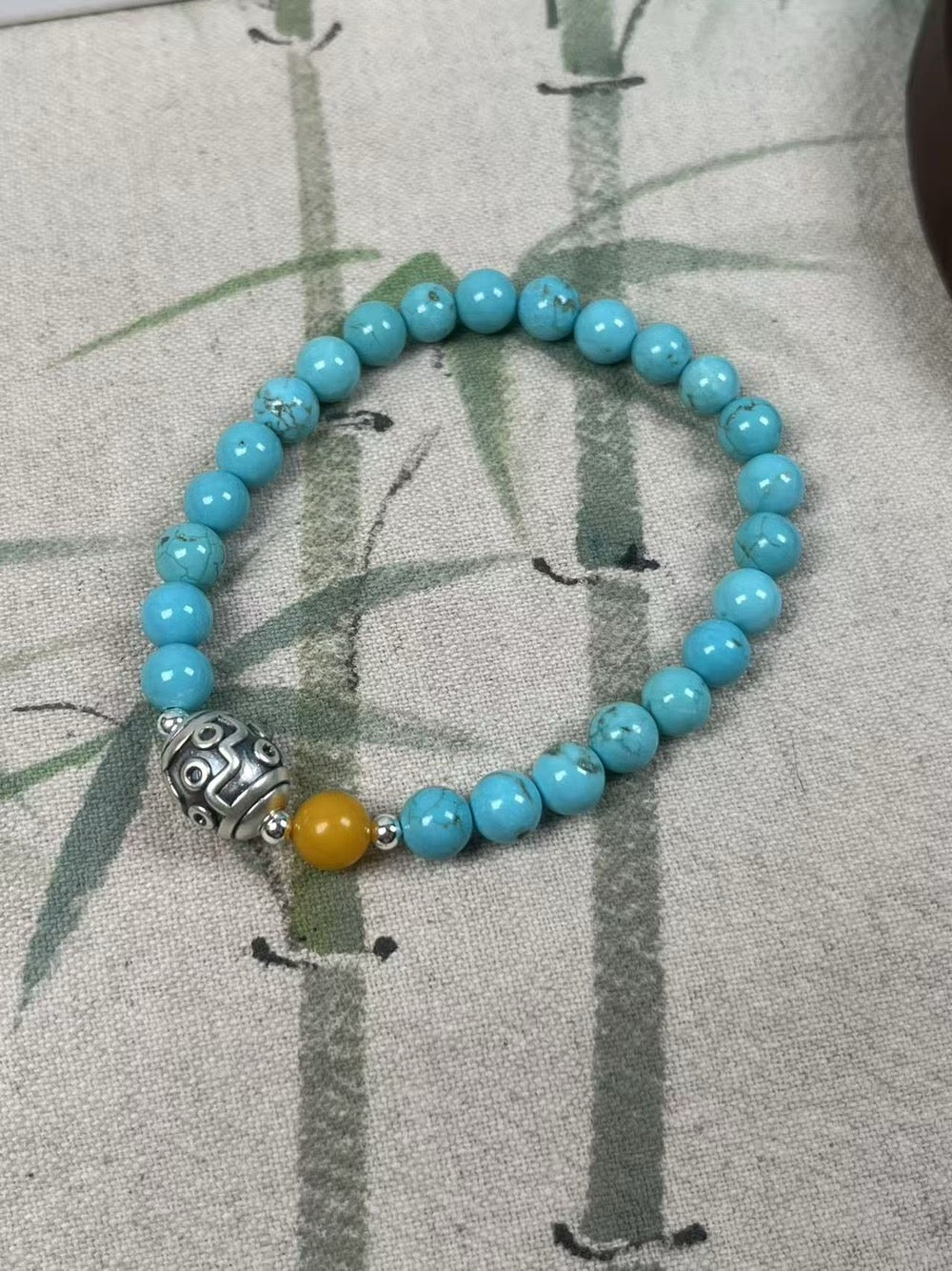 Tranquility & Wisdom – Mongolian Turquoise & Amber & Dzi Bead Bracelet