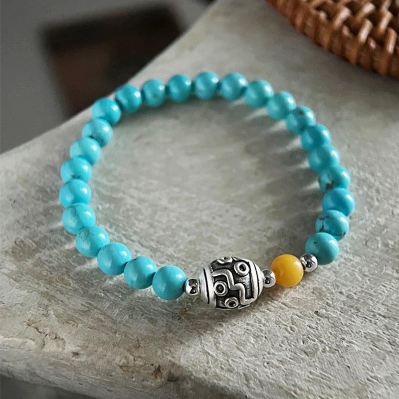 Tranquility & Wisdom – Mongolian Turquoise & Amber & Dzi Bead Bracelet