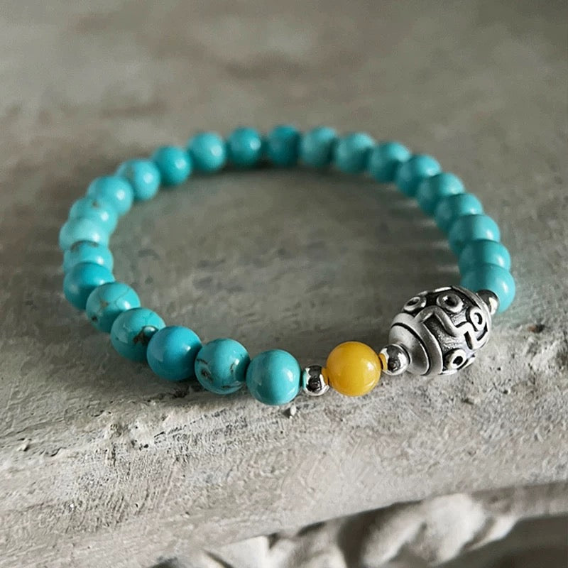 Tranquility & Wisdom – Mongolian Turquoise & Amber & Dzi Bead Bracelet