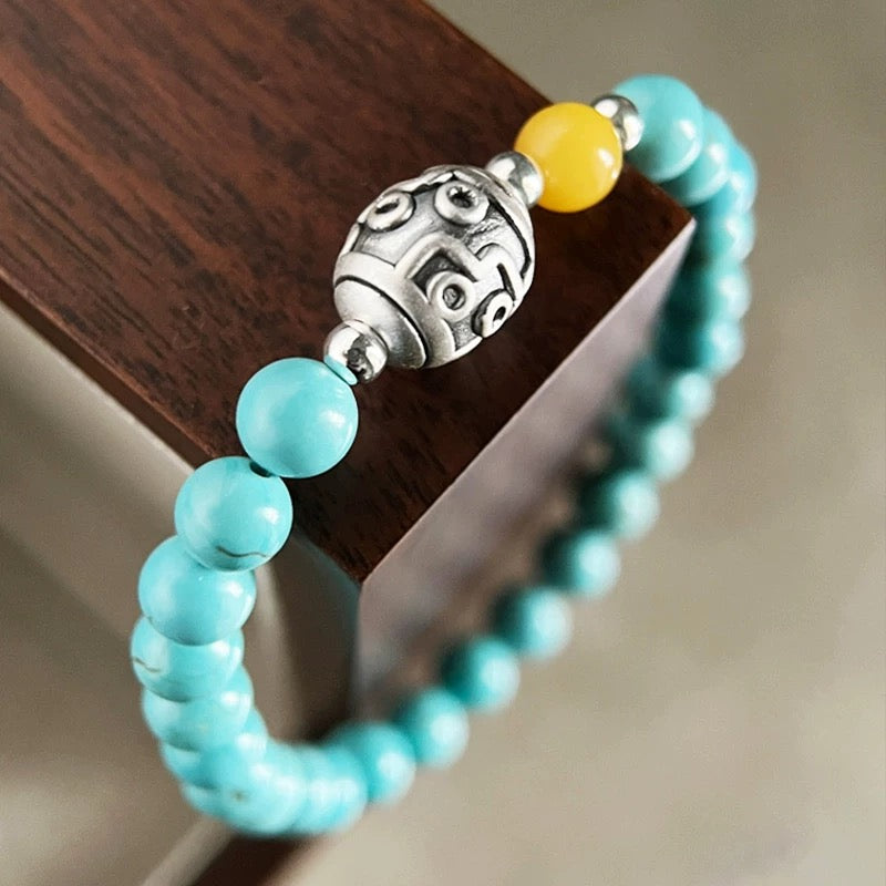 Tranquility & Wisdom – Mongolian Turquoise & Amber & Dzi Bead Bracelet