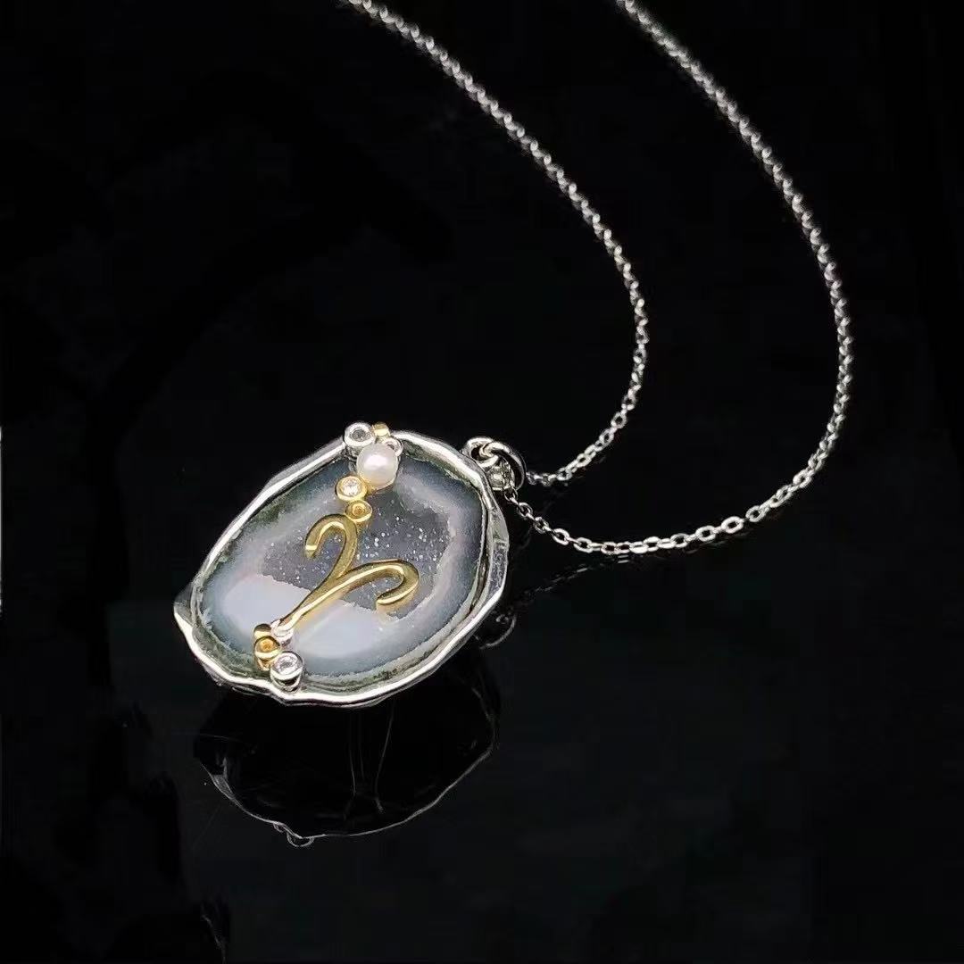 Zodiac Guardian Necklace — Handmade Druzy Quartz Pendant with 12 Constellations & Sterling Silver Accents