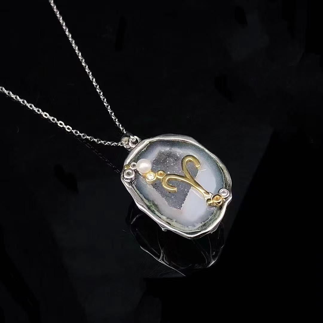 Zodiac Guardian Necklace — Handmade Druzy Quartz Pendant with 12 Constellations & Sterling Silver Accents