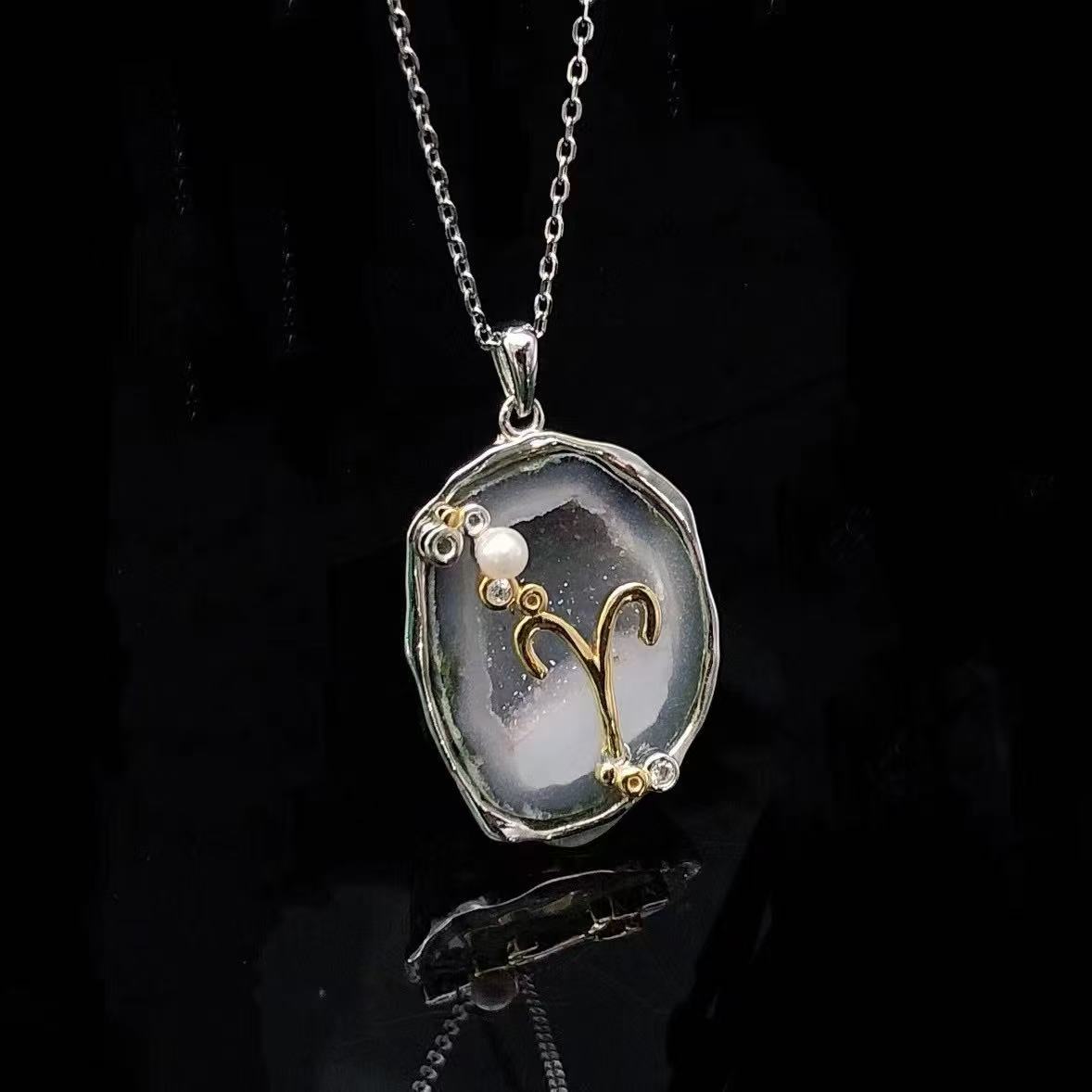 Zodiac Guardian Necklace — Handmade Druzy Quartz Pendant with 12 Constellations & Sterling Silver Accents