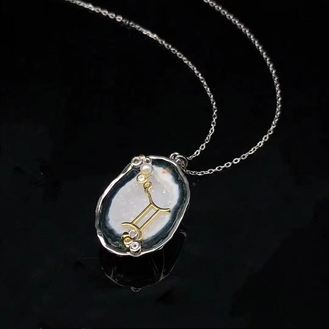Zodiac Guardian Necklace — Handmade Druzy Quartz Pendant with 12 Constellations & Sterling Silver Accents
