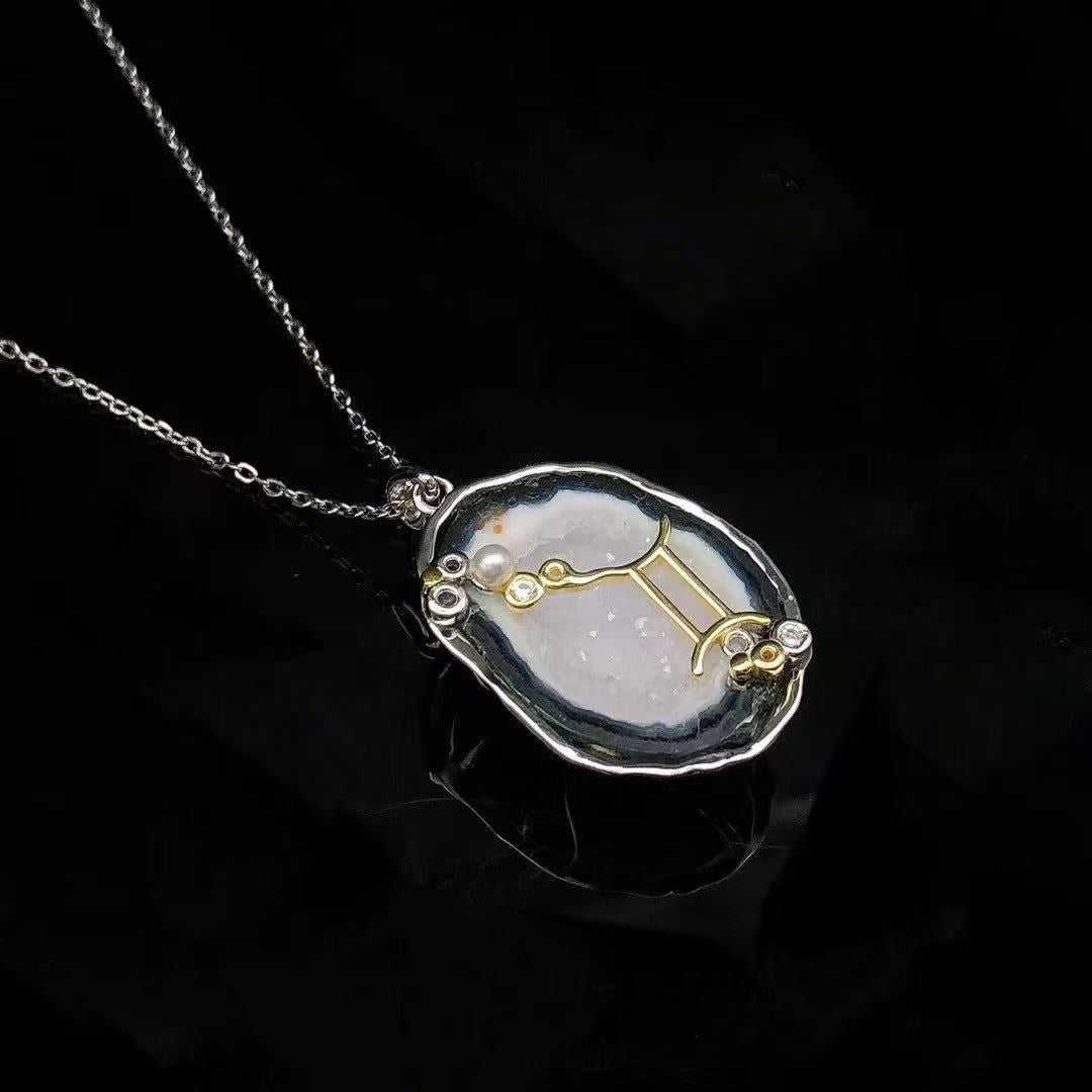 Zodiac Guardian Necklace — Handmade Druzy Quartz Pendant with 12 Constellations & Sterling Silver Accents