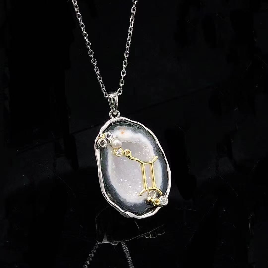 Zodiac Guardian Necklace — Handmade Druzy Quartz Pendant with 12 Constellations & Sterling Silver Accents
