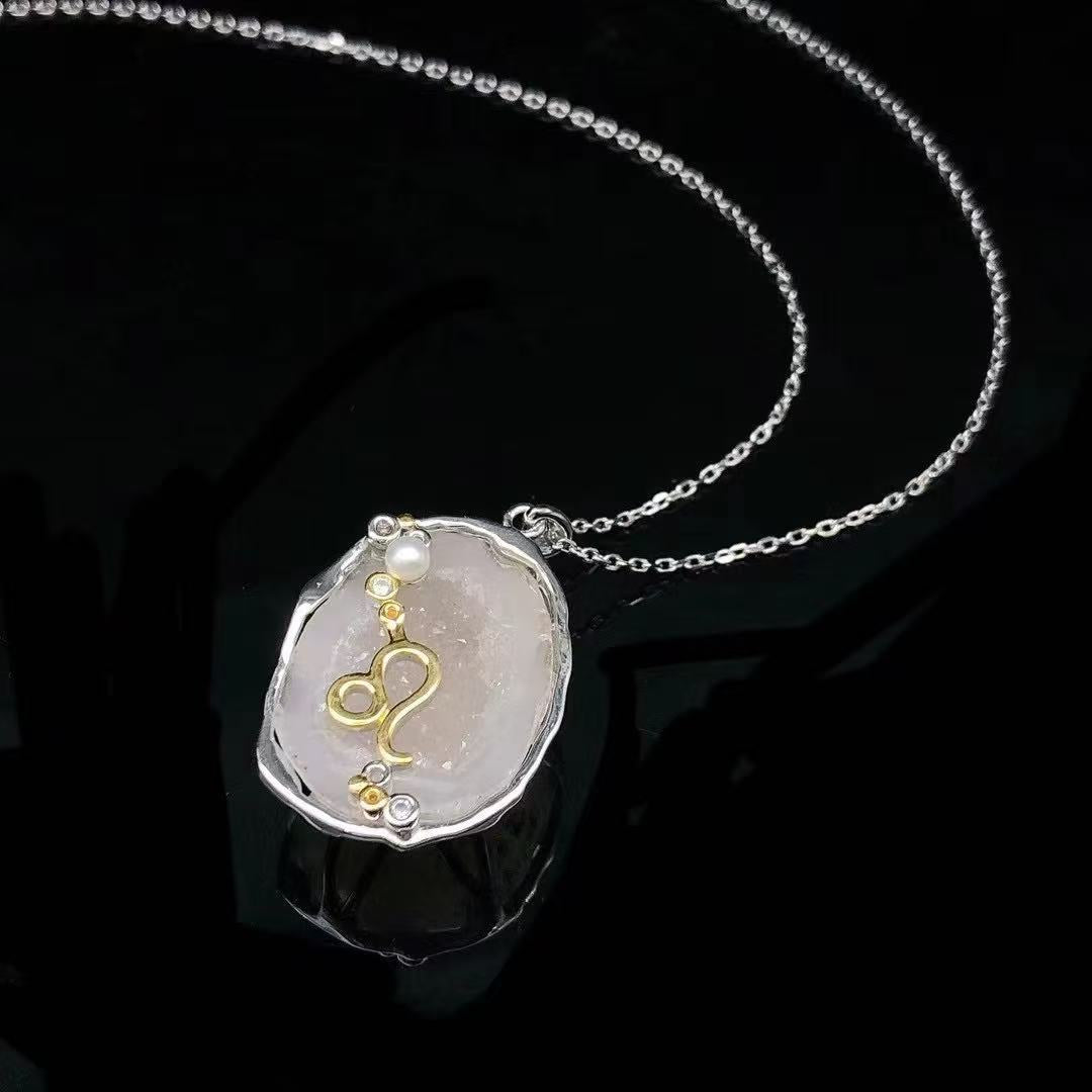Zodiac Guardian Necklace — Handmade Druzy Quartz Pendant with 12 Constellations & Sterling Silver Accents