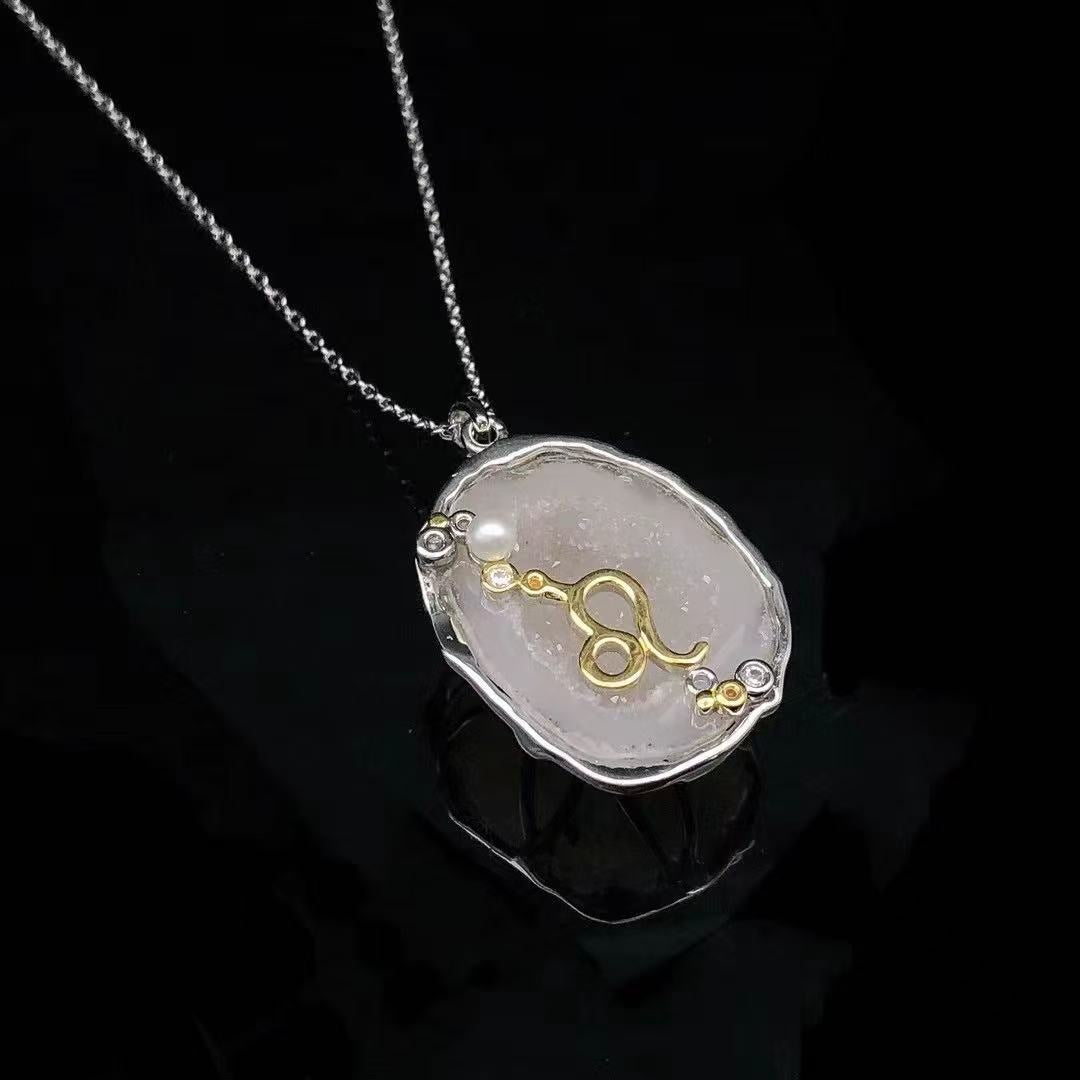 Zodiac Guardian Necklace — Handmade Druzy Quartz Pendant with 12 Constellations & Sterling Silver Accents