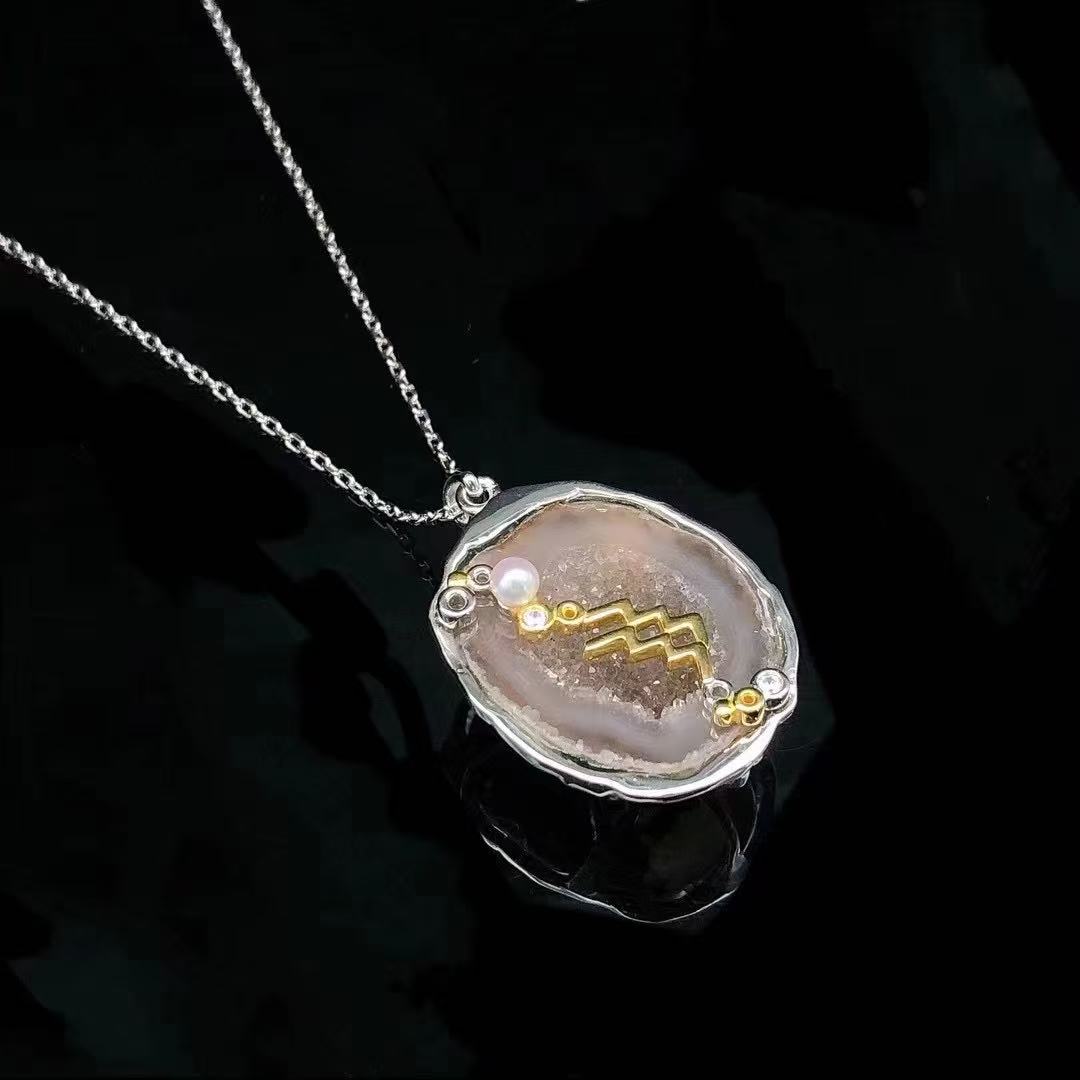 Zodiac Guardian Necklace — Handmade Druzy Quartz Pendant with 12 Constellations & Sterling Silver Accents