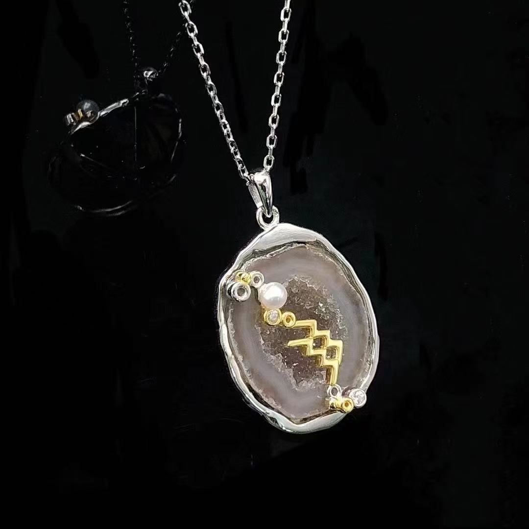 Zodiac Guardian Necklace — Handmade Druzy Quartz Pendant with 12 Constellations & Sterling Silver Accents