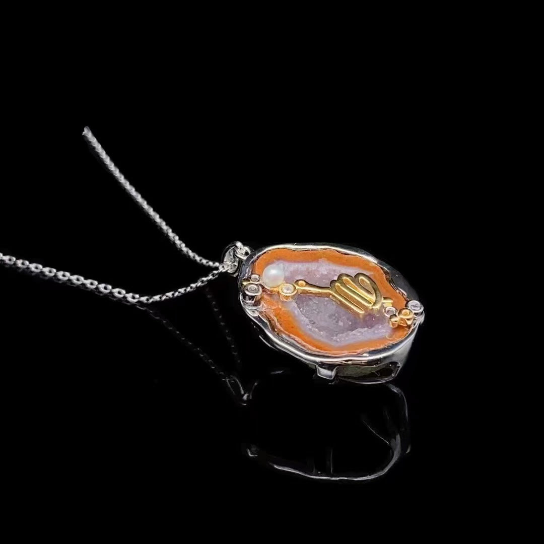 Red Druzy Zodiac Pendant Necklace – Handcrafted Birthstone Jewelry 12 Constellations & Sterling Silver Accents