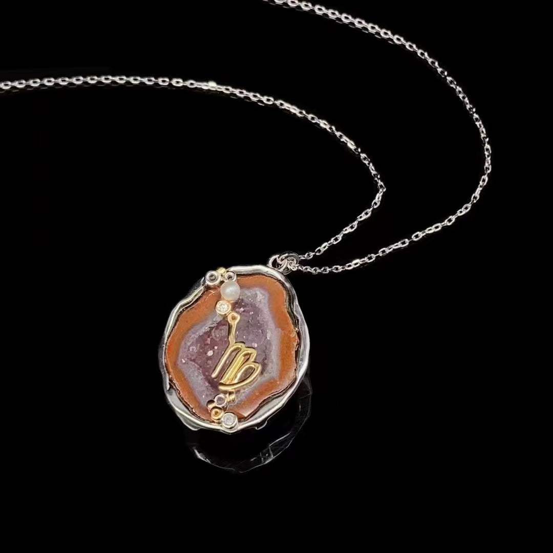 Red Druzy Zodiac Pendant Necklace – Handcrafted Birthstone Jewelry 12 Constellations & Sterling Silver Accents