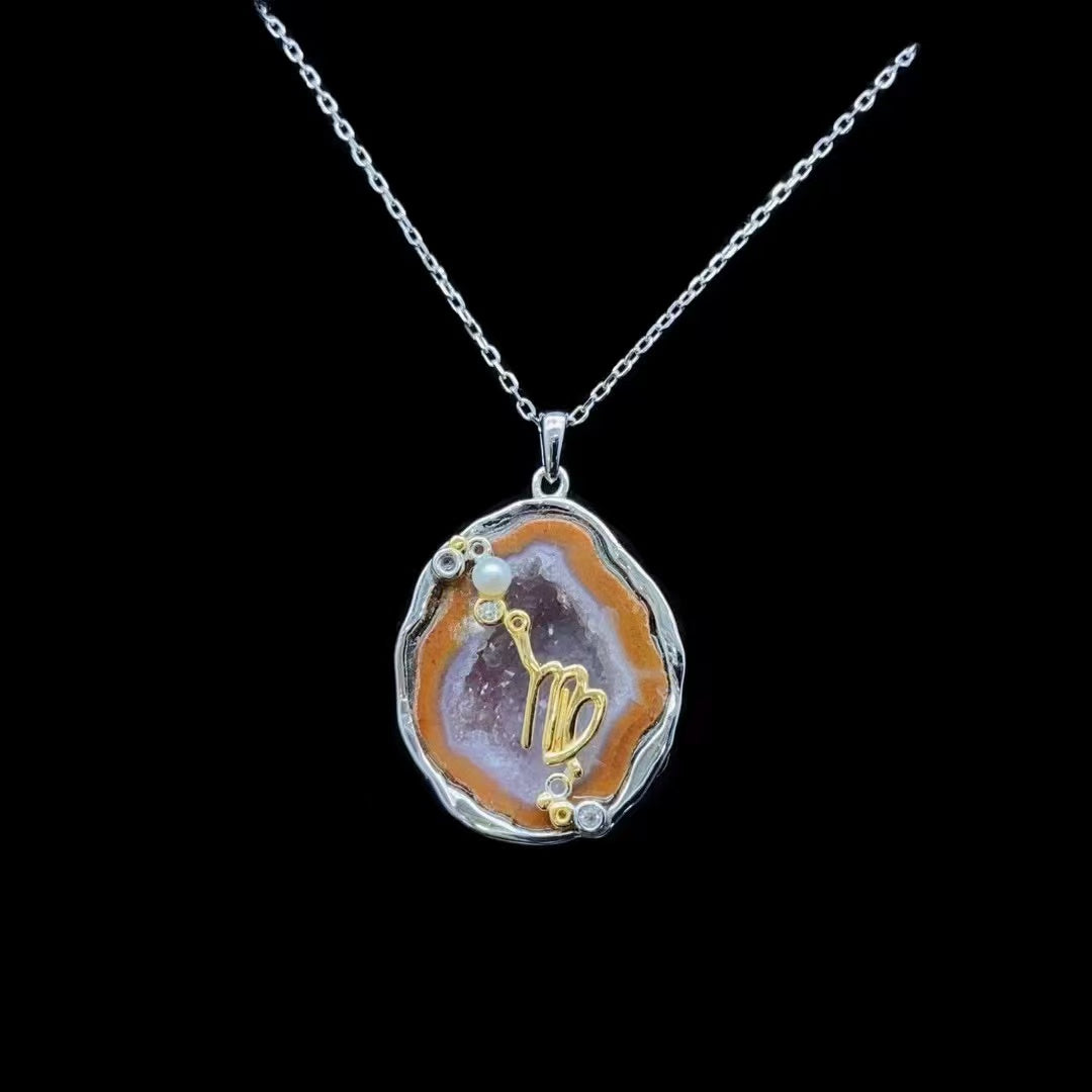 Red Druzy Zodiac Pendant Necklace – Handcrafted Birthstone Jewelry 12 Constellations & Sterling Silver Accents