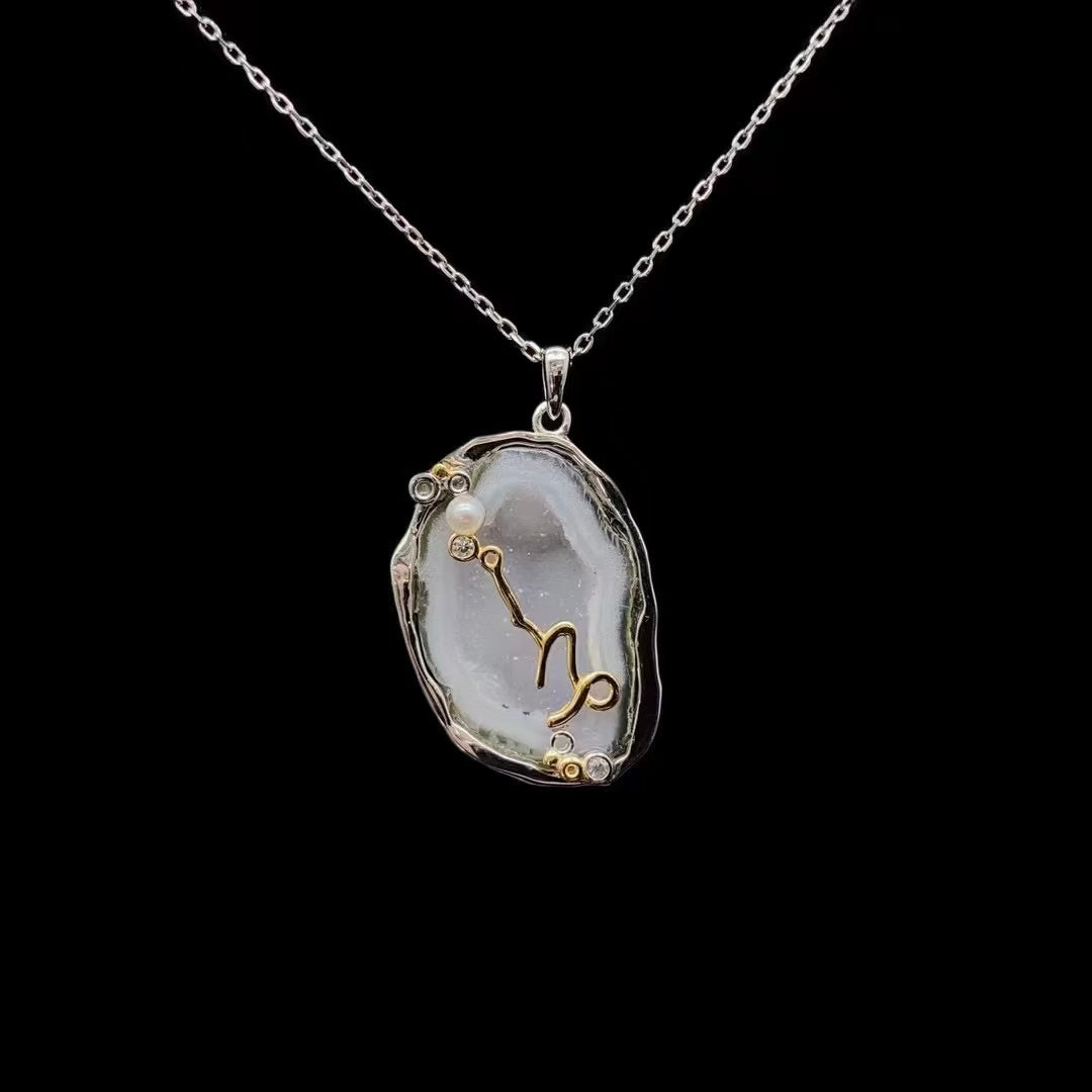 Zodiac Guardian Necklace — Handmade Druzy Quartz Pendant with 12 Constellations & Sterling Silver Accents