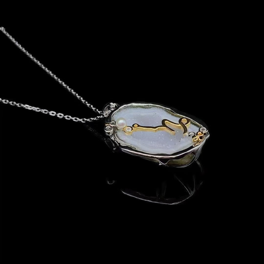 Zodiac Guardian Necklace — Handmade Druzy Quartz Pendant with 12 Constellations & Sterling Silver Accents