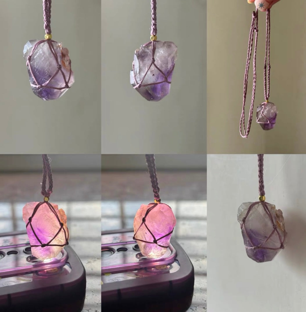 Raw Amethyst Crystal Light-Reactive Pendant Necklace – Natural Energy Stone Jewelry