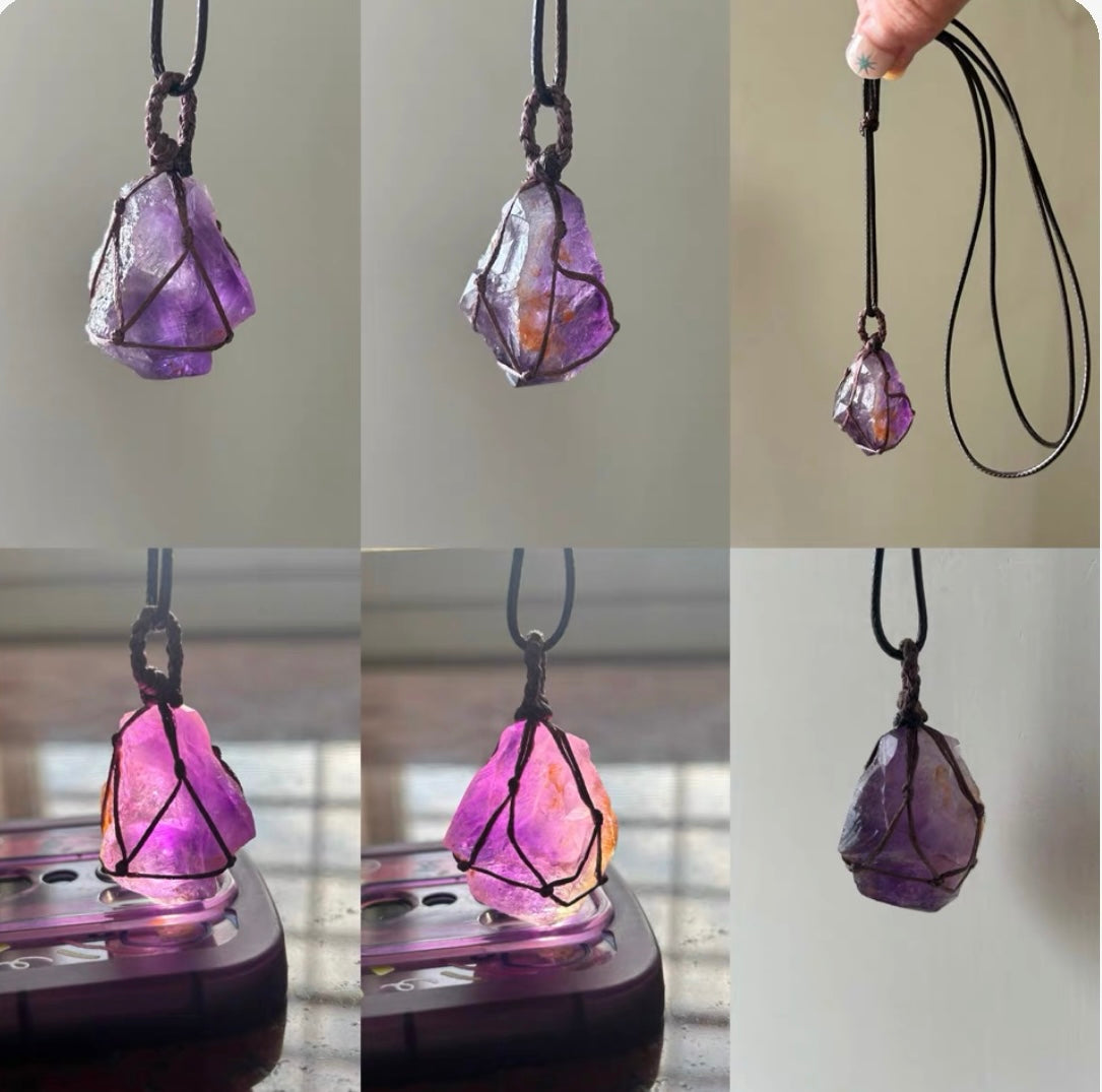 Sunset Glow Raw Amethyst Pendant – Light-Activated Crystal Necklace