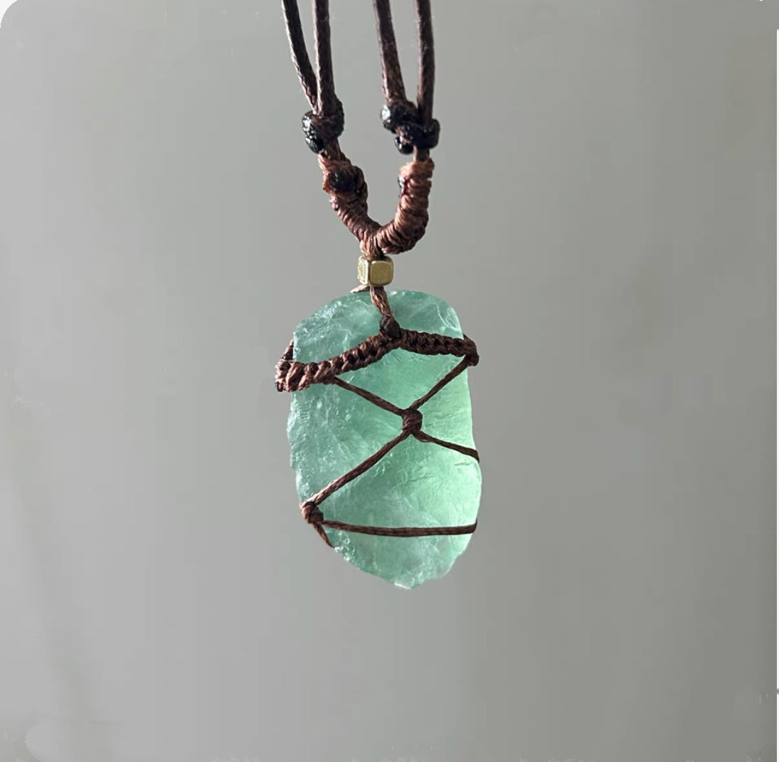 Raw Green Fluorite Crystal Pendant – Handwoven Energy Necklace