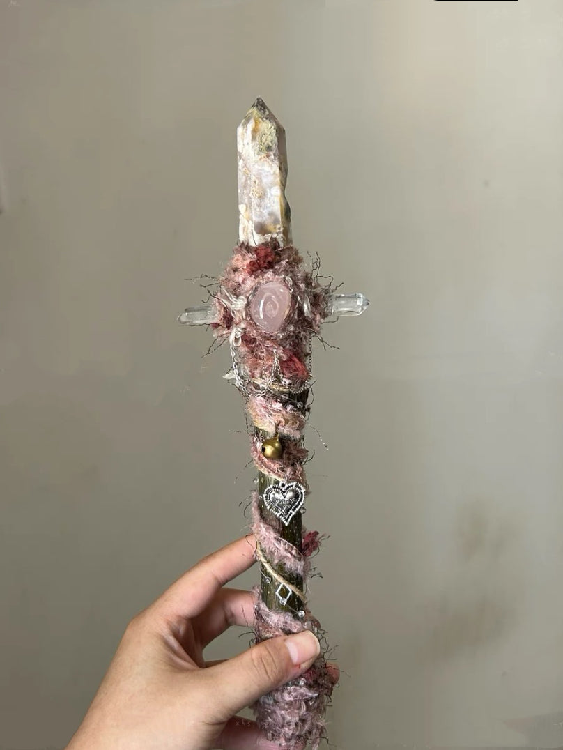Handcrafted Witch Wand – Raw Jasper & Quartz Ritual Staff with Rose Motif
