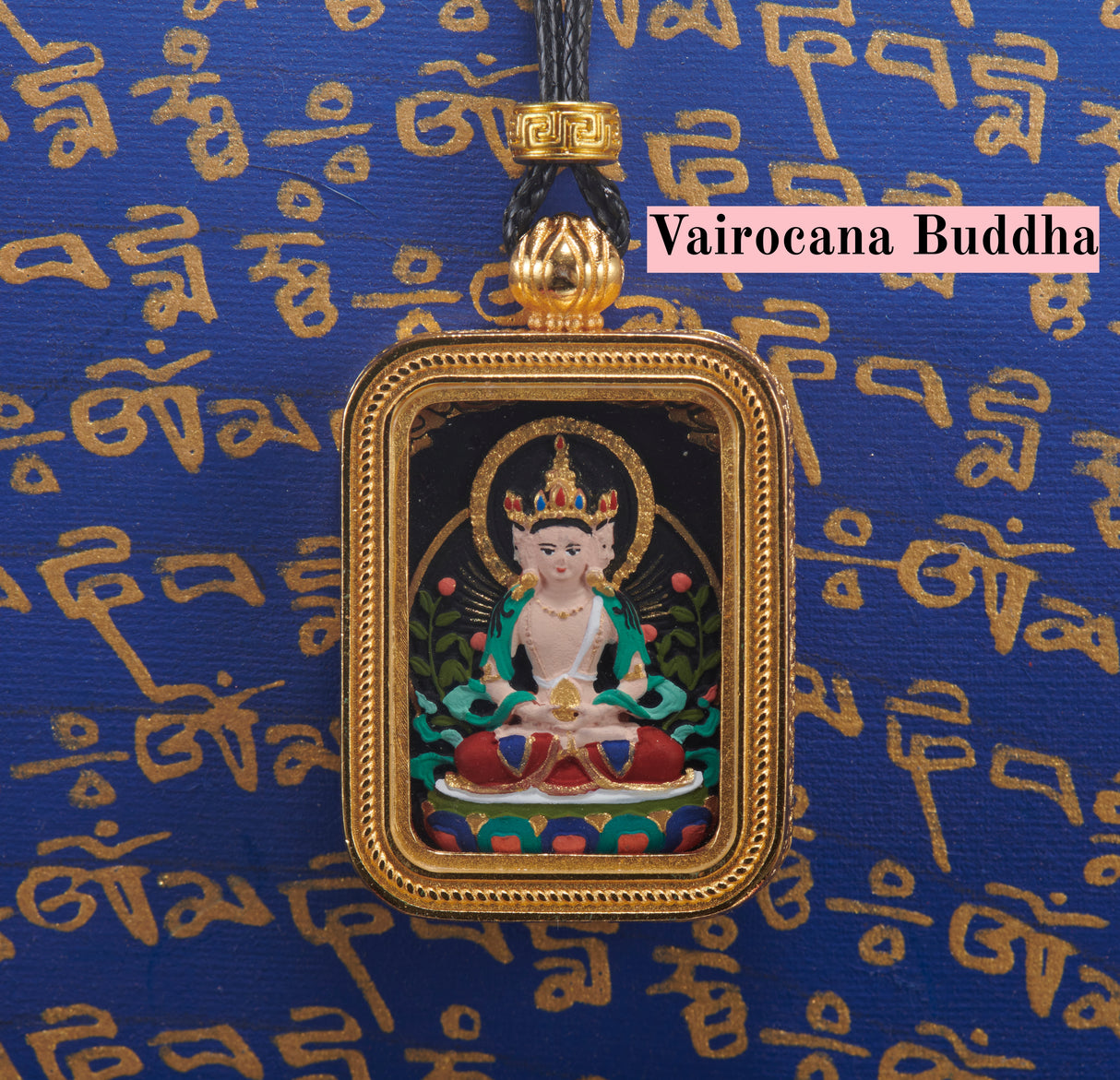 Brass 'Baokan' Manjushri Small Rectangle 3x2cm Painted Tsa-Tsa Shrine Case - Black Thangka Style