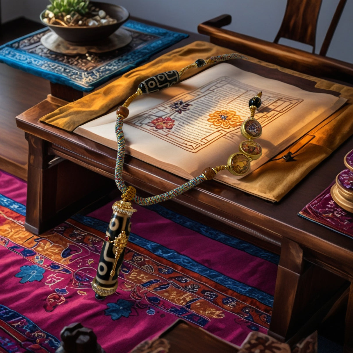 Tibetan Dzi Bead Necklace with Interchangeable Pendants, Natural Agate Chalcedony from Qinghai - Tibet Plateau, Hand - painted Totems, Tibetan - style Good Luck Amulet