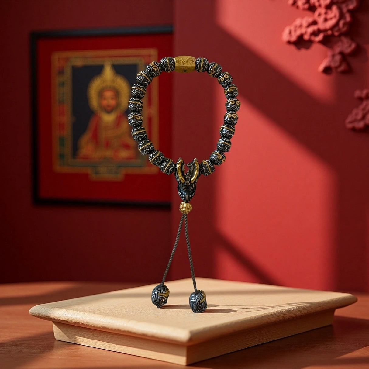 Dragon Head Silver Bracelet – Mystical Vajra Knot with Enchanted Sutra Lock