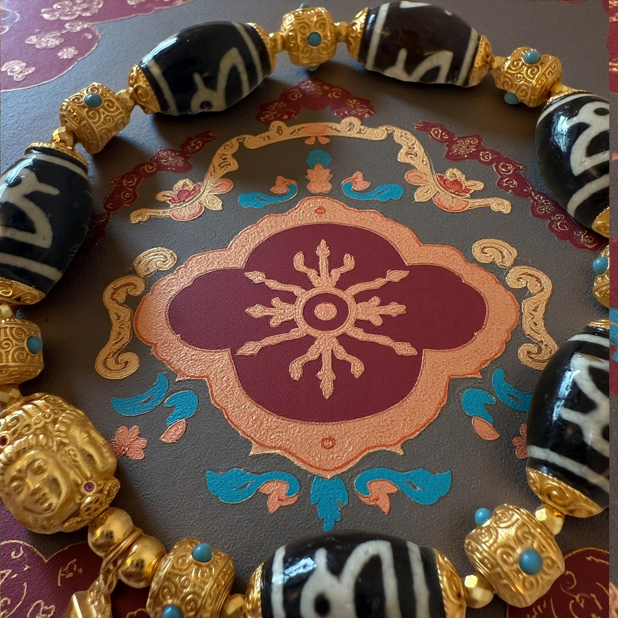 Fortune Dzi Bead Bracelet – Four-Faced Buddha & Wealth Talisman