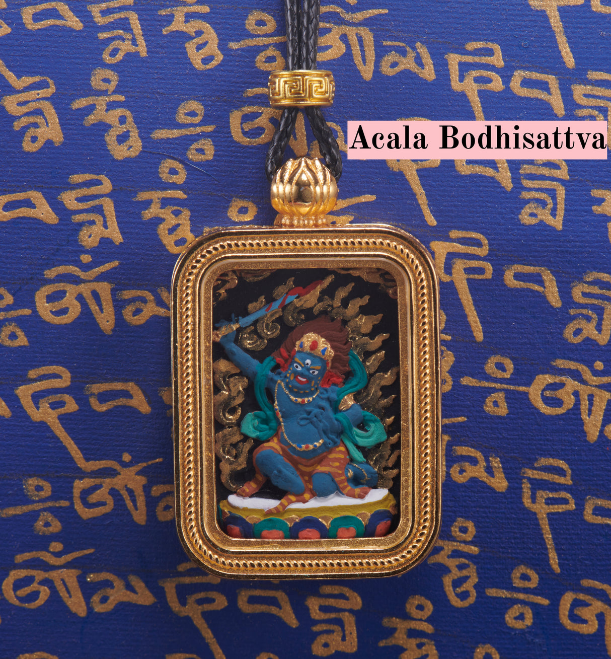 Brass 'Baokan' Manjushri Small Rectangle 3x2cm Painted Tsa-Tsa Shrine Case - Black Thangka Style