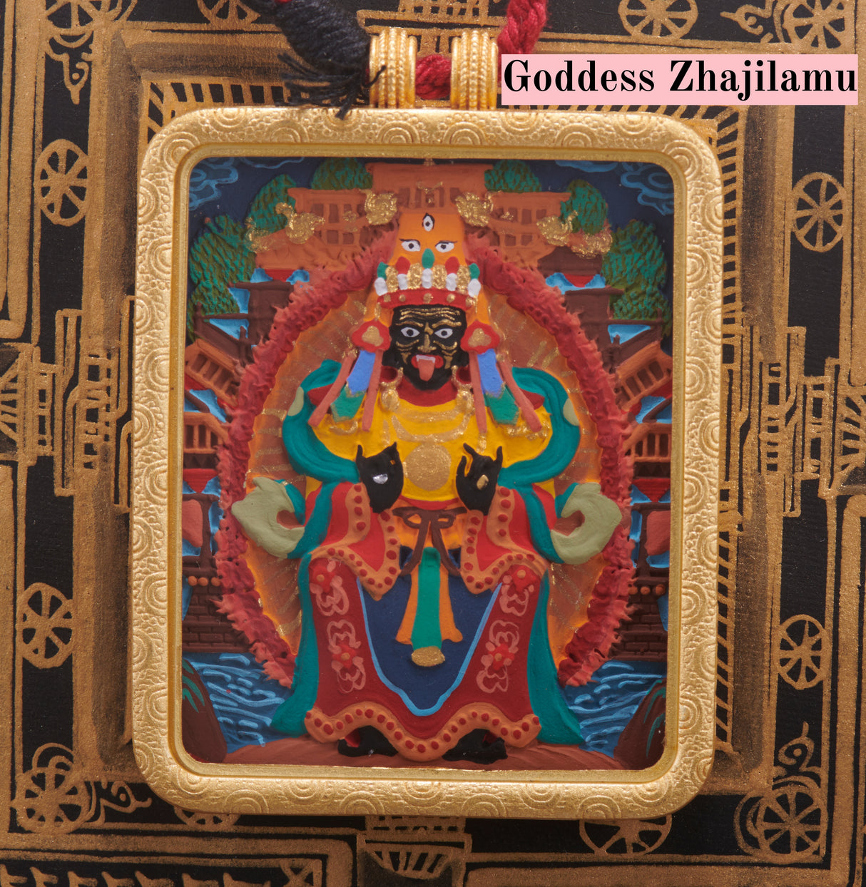 Gold-Toned Tibetan Treasure Scrollwork Tsa-Tsa Thangka Pendant-Goddess Zhajilamu