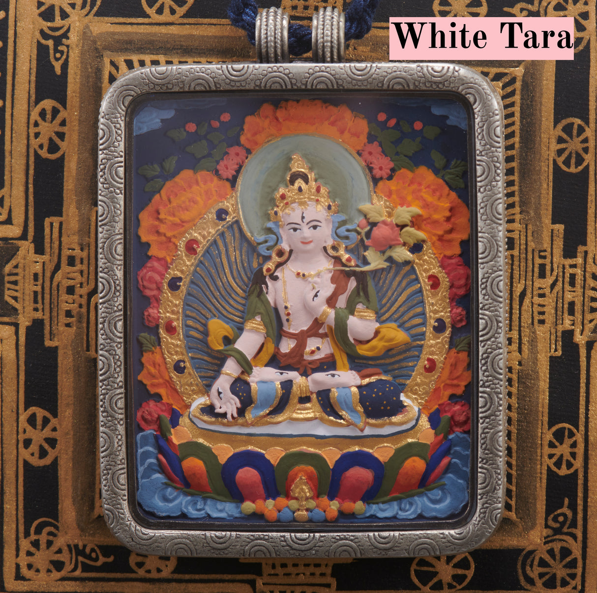 White Copper Tibetan Treasure Scrollwork Tsa-Tsa Thangka Pendant