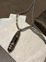 Dzi Bead Pendant Necklace with Braided Blue - Gold Cord