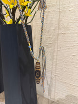 Dzi Bead Pendant Necklace with Braided Blue - Gold Cord