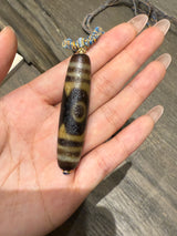 Dzi Bead Pendant Necklace with Braided Blue - Gold Cord