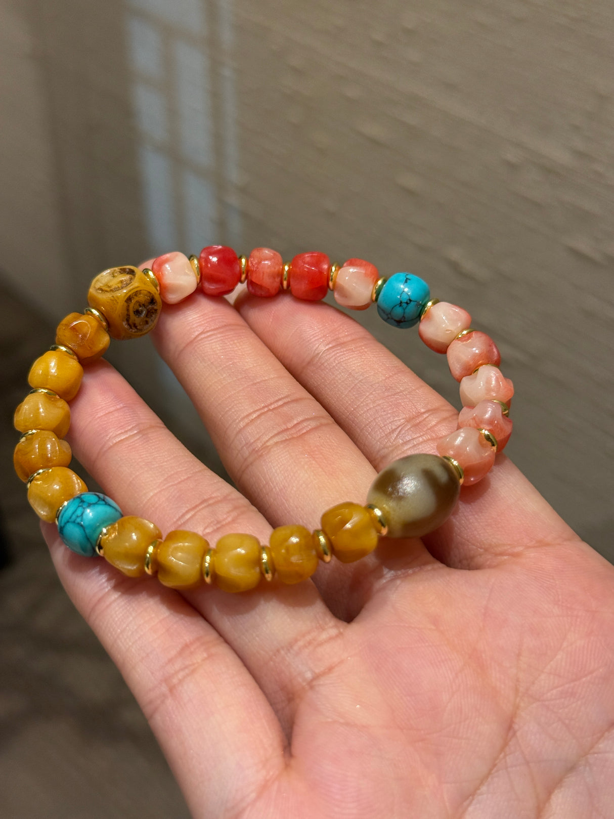 Tibetan - Style Agate and Ox Bone Bracelet