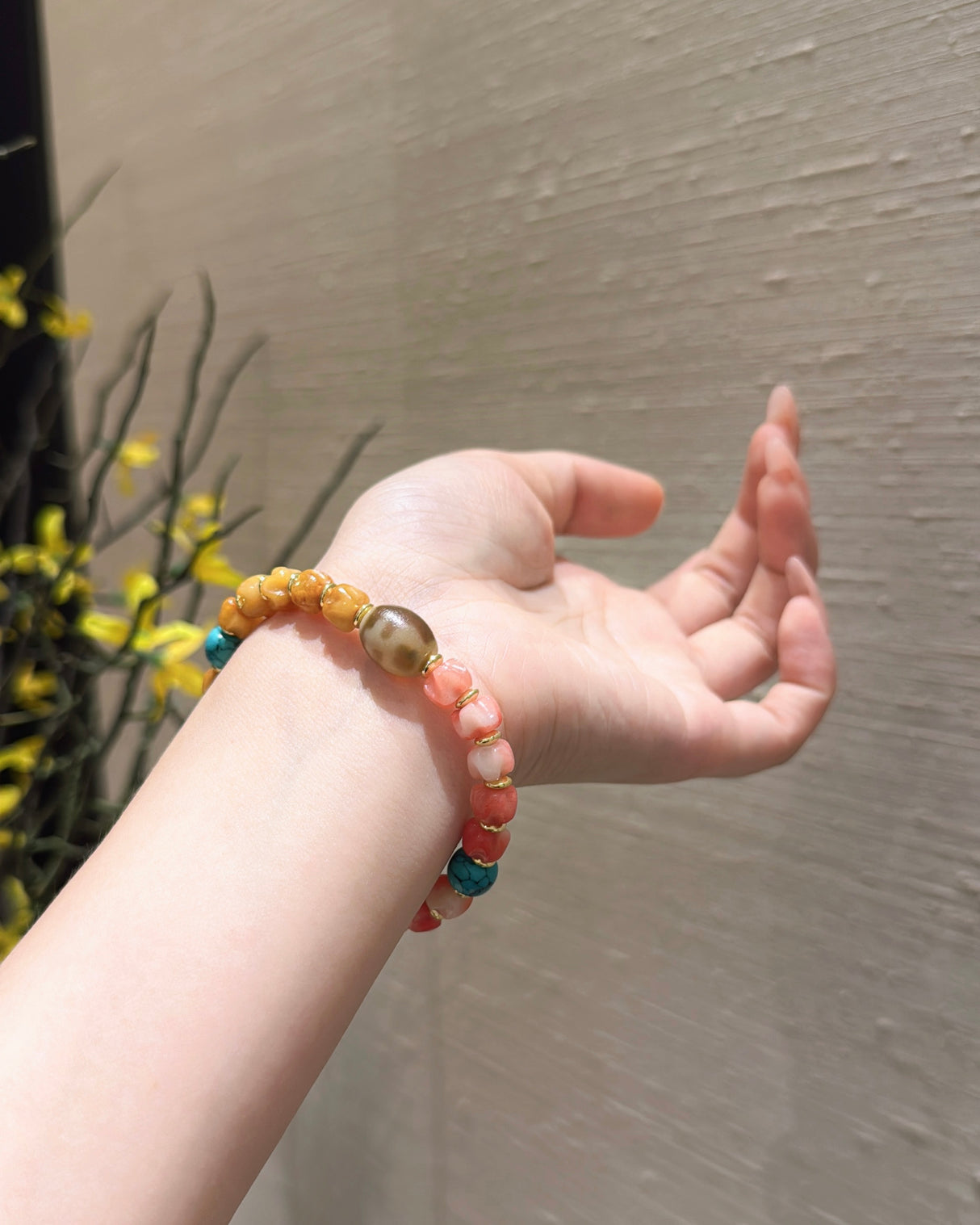 Tibetan - Style Agate and Ox Bone Bracelet