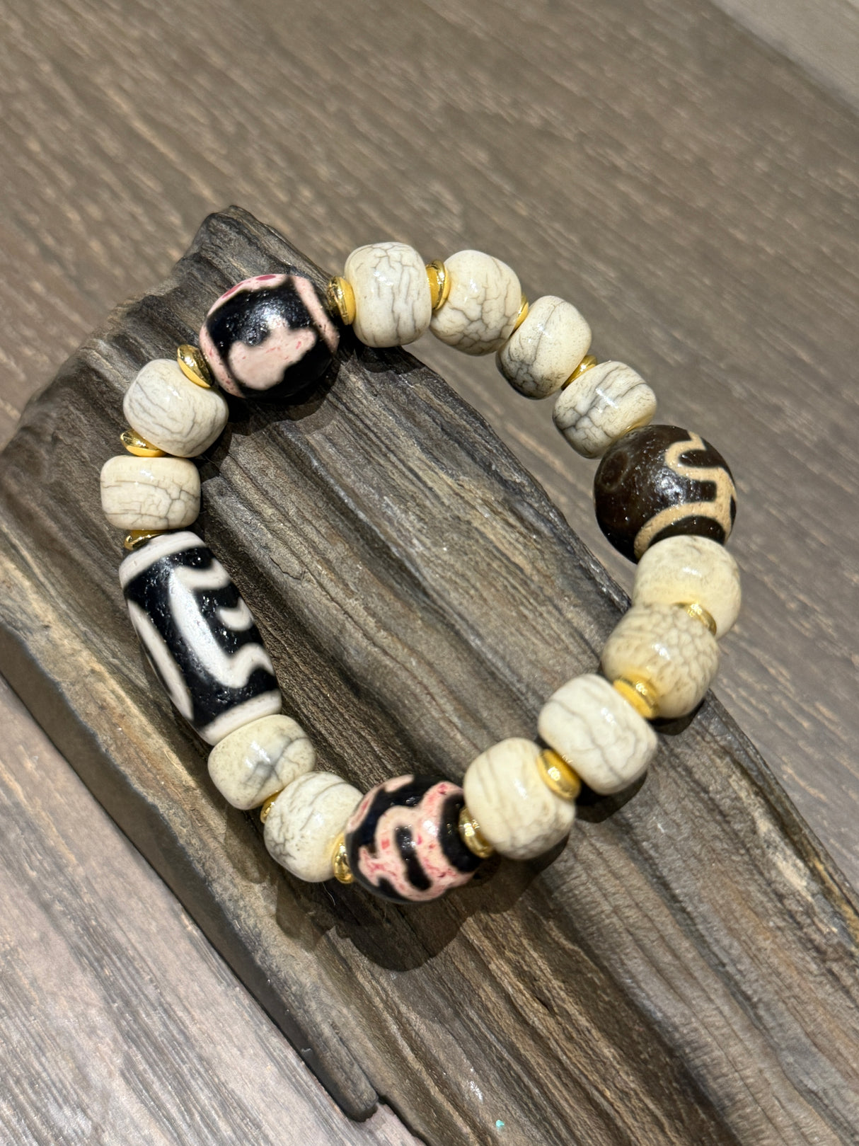Ancient Yak Bone with Heavenly Patterns · Tibetan - Charm Bracelet with Golden Accents