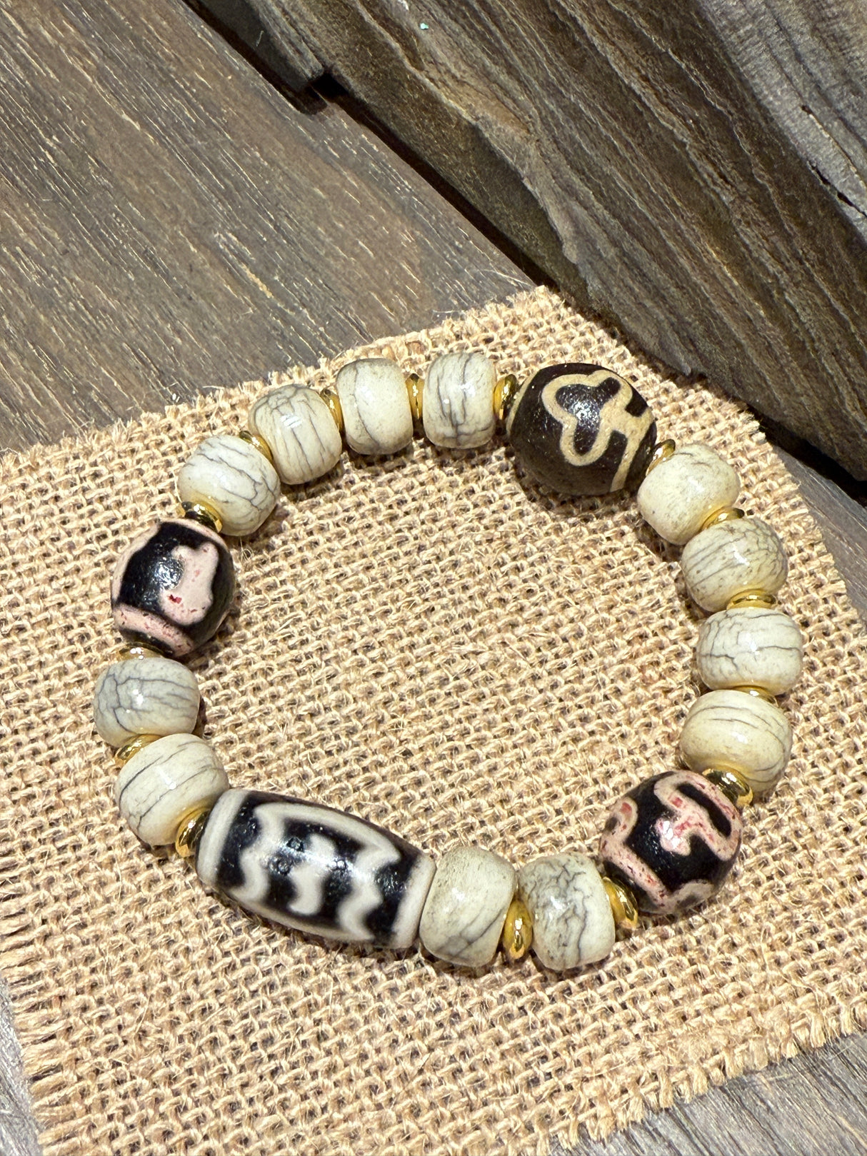 Ancient Yak Bone with Heavenly Patterns · Tibetan - Charm Bracelet with Golden Accents