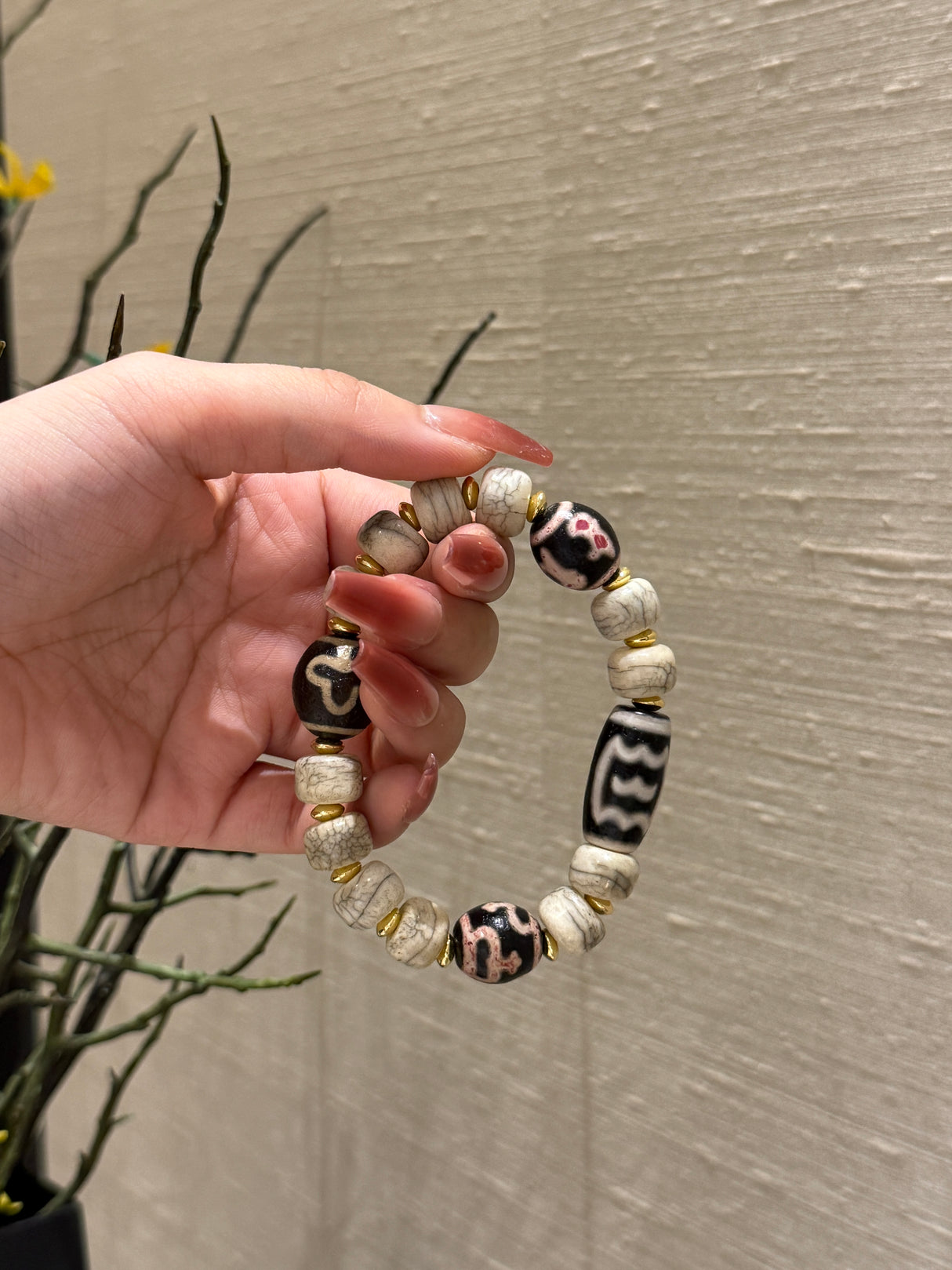 Ancient Yak Bone with Heavenly Patterns · Tibetan - Charm Bracelet with Golden Accents